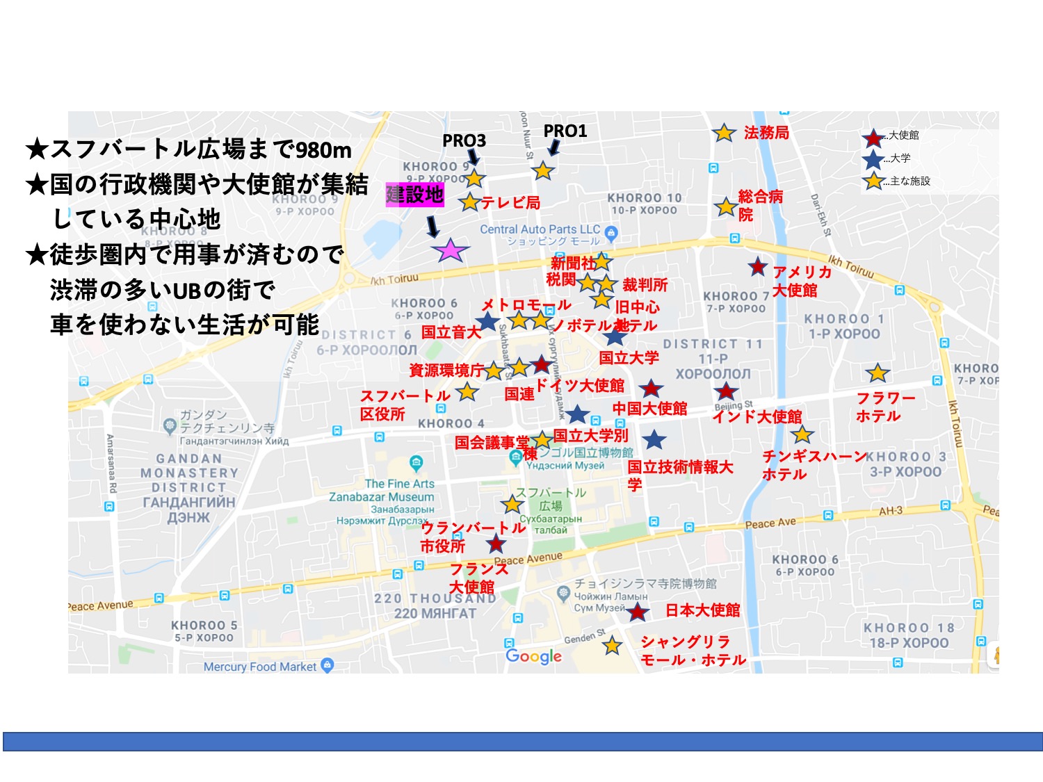 スフバートル広場まで980m、国の行政機関や大使館が集結している中心地、徒歩圏内で用事が済むので渋滞の多いUBの街で車を使わない生活が可能